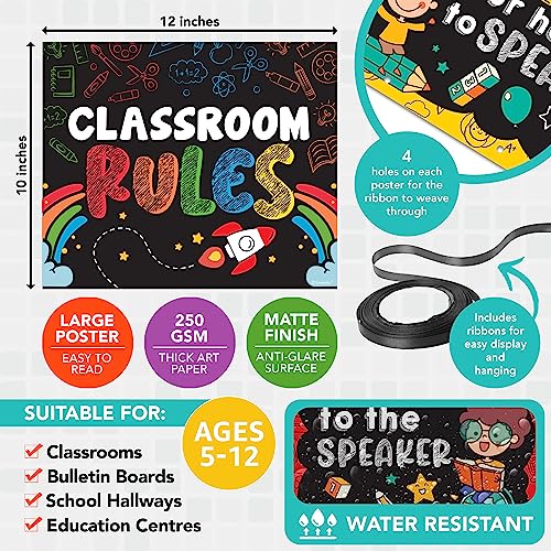 Decorably 12 Hanging Chalkboard Classroom Rules Elementary Poster Set - color: Chalkboard