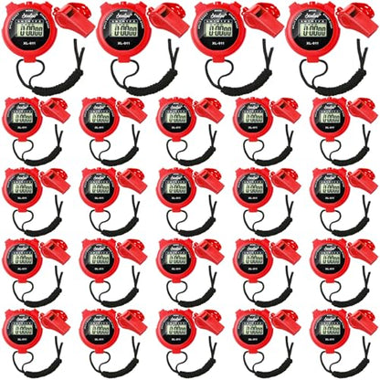 Simgoing 48 Pcs Digital Stopwatch Timer Plastic Whistle Bulk for Sports Coaches Referee Waterproof Watch Timer Whistle with Lanyard Multi Function Electronic Fitness Date Alarm (Red) - color: Red