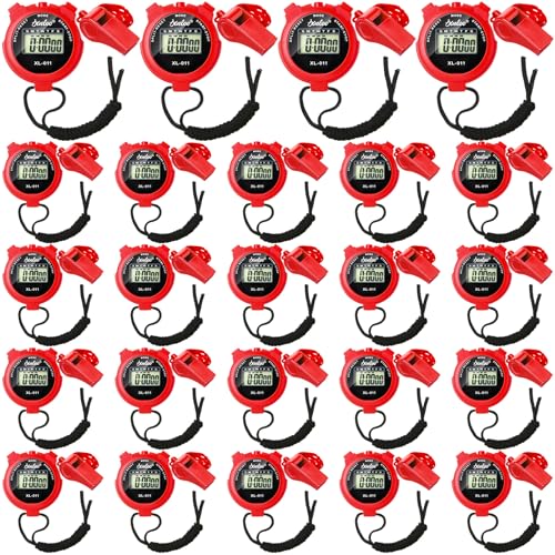 Simgoing 48 Pcs Digital Stopwatch Timer Plastic Whistle Bulk for Sports Coaches Referee Waterproof Watch Timer Whistle with Lanyard Multi Function Electronic Fitness Date Alarm (Red) - color: Red