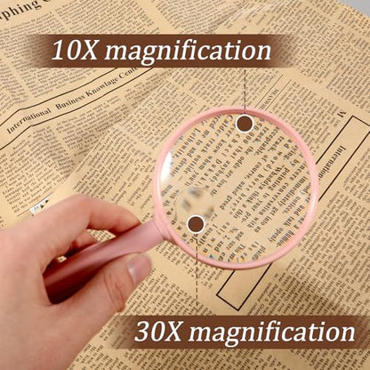 Handheld Reading Magnifier, 10X Large Magnifying Glass 3 Inch Shatterproof Lens with Non-Slip Handle for Seniors Reading, Close Work, Nature Exploration, Hobby Observation, Pink