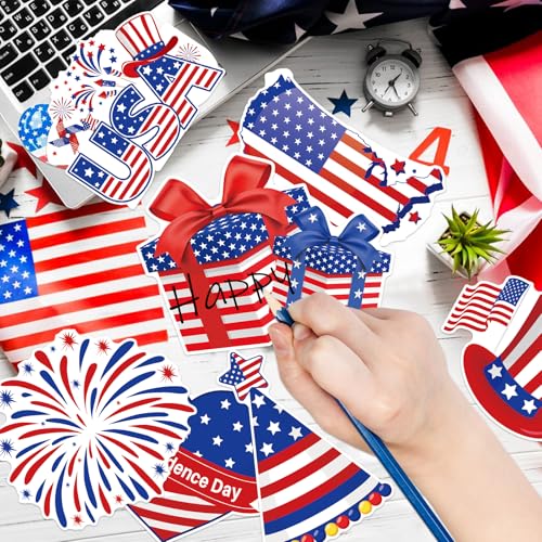48Pcs 4th of July Cut-Outs, Red White Blue Patriotic Theme Party Cutouts Cartoon USA Flag Stars Firework Paper Cutouts for Independence Day Home School Classroom Office Bulletin Board Wall Decor - style: 4th of July