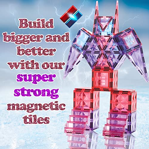 Little Pi 104pcs Frozen Princess Castle Magnetic Tiles Building Blocks - 3D Diamond Blocks, STEM Educational Toddler Toys for Pretend Play, 4 Year Old Girl Birthday Gifts Kids Ages 3 5 6 7 8 - Pink - color: Pink Castle