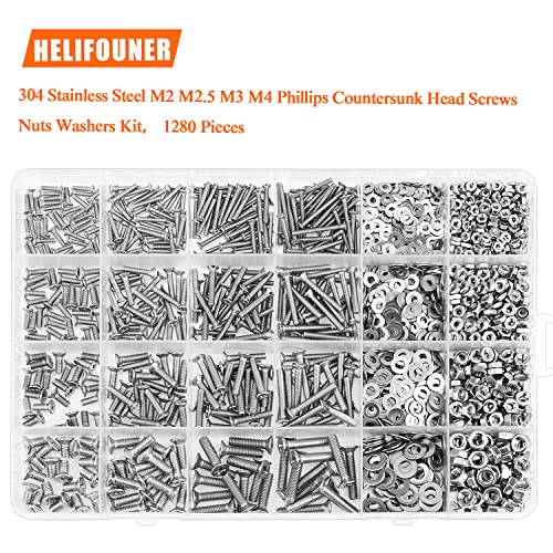 HELIFOUNER 1280 Pieces M2 M2.5 M3 M4 304 Stainless Steel Phillips Countersunk Head Machine Screws, Metric Screws Bolts Washers Nuts Kit, 304 Stainless Steel - size: M2/M2.5/M3/M4, style: Phillips Countersunk Head