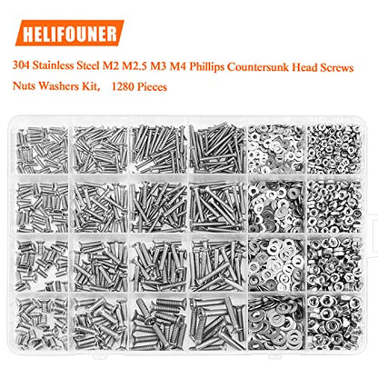 HELIFOUNER 1280 Pieces M2 M2.5 M3 M4 304 Stainless Steel Phillips Countersunk Head Machine Screws, Metric Screws Bolts Washers Nuts Kit, 304 Stainless Steel - size: M2/M2.5/M3/M4, style: Phillips Countersunk Head