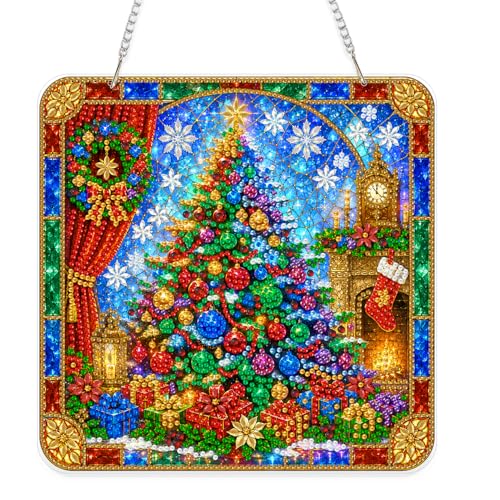 Eiflow Acrylic Diamond Art Hanging Kit for Adults Christmas Tree, DIY Diamonds Painting Door Hanger Ornament Kit Wreath Crystal Diamond Art Painting Wall Window Hanging Pendant - color: Christmas Tree
