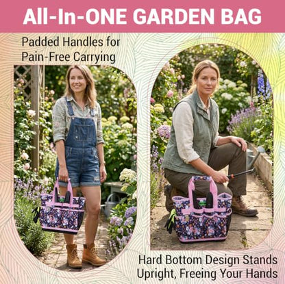 MELOTOUGH 12-Pocket Garden Tool Bag with Hard Bottom, Garden Tote, Purple - color: Purple Flower