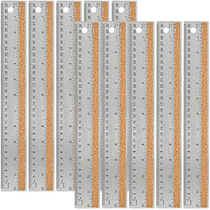 Stainless Steel Metal Ruler:[10 Pieces 12 Inch] Stainless Steel Metal Ruler with Cork Backing Non-Slip Rulers with Inch and Centimeters Metal Ruler Drafting Office Tools Prevent Ink Leakage - style: 12" 10 PCS