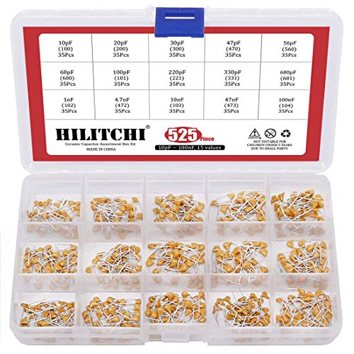 10pF to 100nF 15Values Ceramic Capacitor Set, Hilitchi 525Pcs DIP Monolithic Multilayer Ceramic Chip Capacitors Assortment Kit (525)
