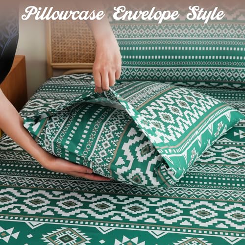 CozySmile 4 Pieces Queen Sheet Set Bohemian, Boho Sheets Soft Microfiber Deep Pocket, Western Sheets Geometric(Queen, Emerald Green) - color: B-emerald Green, size: Queen