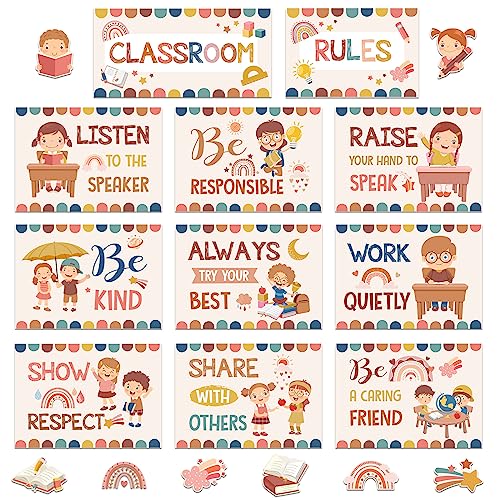 Harloon 43 Pcs Classroom Rules Posters Rainbow Class Rules Decor - color: Classic Color