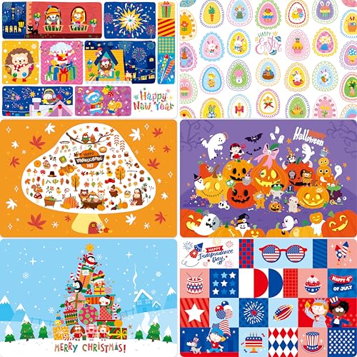 6 Pack Placemats for Kids, Non-Slip Washable Table Mats, Reusable Holiday Themed Dining Mats - Christmas, Halloween, Thanksgiving, Easter, Educational Placemats for Home, Classroom, Nursery - style: Holiday