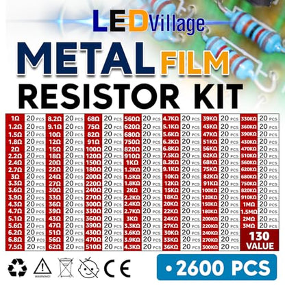 130 Values Resistor Kit Assortment 1 Ohm-3M Ohm ±1% Tolerance 1/4W Metal Film Resistor Set (Pack of 2,600) for Electronic Projects, DIY Electronics & Experiments