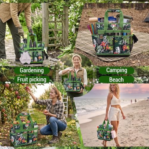 MELOTOUGH 12-Pocket Garden Tool Bag with Hard Bottom, Gardening Tote, Green - color: Green Leaf