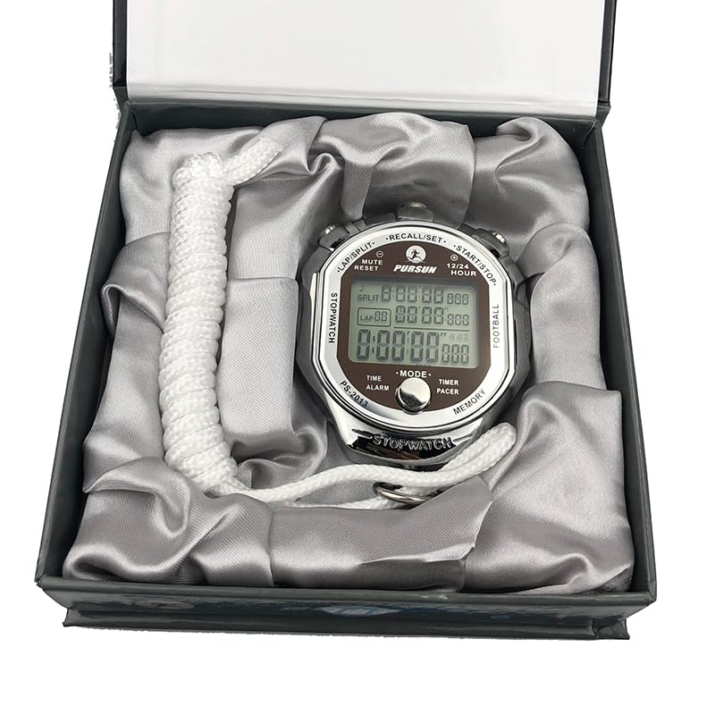 Stopwatch Timer, Metal Stop Watch 100 Lap Memory Digital Stopwatch, Water Resistant Stopwatch for Sports, Competitions (Silver)