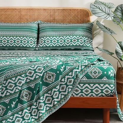 CozySmile 4 Pieces Queen Sheet Set Bohemian, Boho Sheets Soft Microfiber Deep Pocket, Western Sheets Geometric(Queen, Emerald Green) - color: B-emerald Green, size: Queen