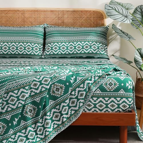 CozySmile 4 Pieces Queen Sheet Set Bohemian, Boho Sheets Soft Microfiber Deep Pocket, Western Sheets Geometric(Queen, Emerald Green) - color: B-emerald Green, size: Queen