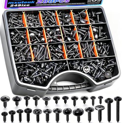 mxuteuk 280PCS Automotive Screws Kit,#8#10#12#14 Phillips Head Automotive Body Self Tapping Screws(24 Size) - color: Black/24Sizes Automotive Screws Kit