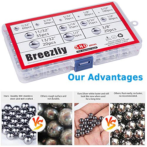 580 Pcs 12 Size Precision 304 Stainless Steel Bearing Steel Ball Assortment 3/32” 1/8" 5/32" 3/16" 7/32" 1/4" 9/32” 5/16” 11/32” 3/8” 13/32” and 1/2'' with Storage Box - size: 0.094-0.500" (12 Sizes)