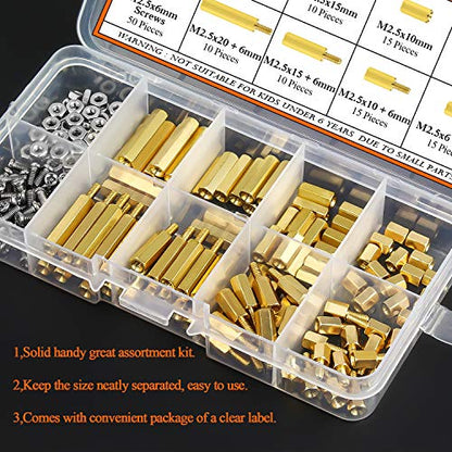 HELIFOUNER 200 Pieces M2.5 Male Female Hex Brass Spacer Standoff Screw Nut Assortment Kit - size: M2.5 Brass Standoff Kit