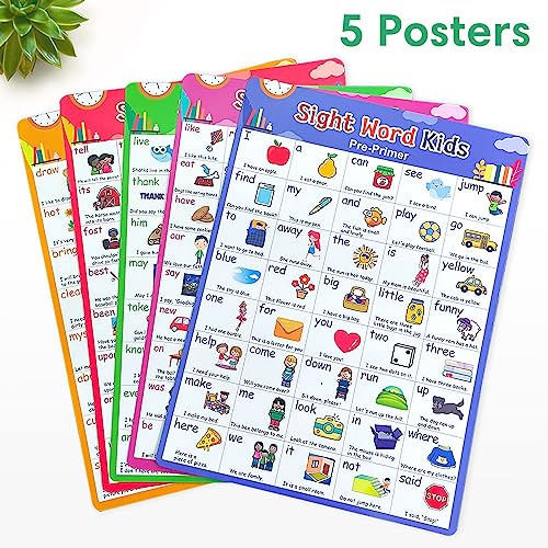 Lachilly Sight Words 5 Levels Learnig Posters, Vocabulary Building, Preschool, Home, Middle and High School Classroom Wall Decoration, Bulletin Board Set, Teacher Teaching Aids, 5 Sheet - style: Sight Words 5P