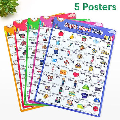 Lachilly Sight Words 5 Levels Learnig Posters, Vocabulary Building, Preschool, Home, Middle and High School Classroom Wall Decoration, Bulletin Board Set, Teacher Teaching Aids, 5 Sheet - style: Sight Words 5P