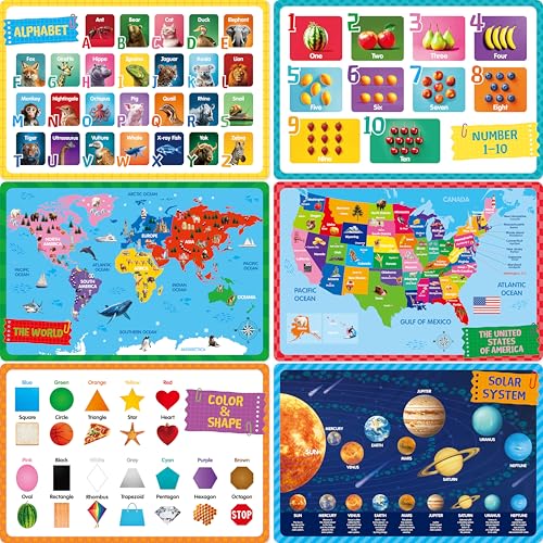 6 Pack Placemats for Kids, Non-Slip Washable, Reusable Alphabet, Number, Shape & Color, Universe, Map, Different Themed Educational Table Mats for Home, Kindergarten, Classroom, Nursery - style: Education-D