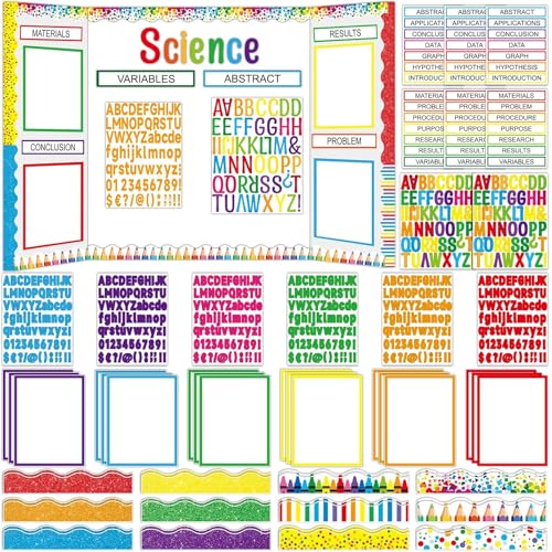 122 Pcs Science Fair Board Supplies 72 Glitter Colorful Pencil Trim Scalloped Borders 36 Presentation Board Subtitle 6 Self Adhesive Project Title 8 Letter Sticker for Classroom Office Decor(Colorful) - style: Colorful