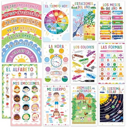 Spanish Educational Classroom Posters Set for Toddlers, 12 PCS - color: Spanish