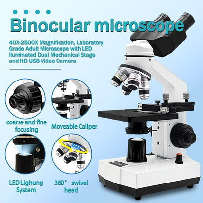 Adult Student Compound Binocular Microscope - 40X-5000X High-Magnification Large-Field Professional Biological Microscope, Suitable for Schools, Laboratories, and Home Education