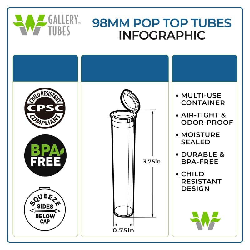 W Gallery 50 Clear 98mm Open Cap Pop Top Tubes, Airtight Pill Bottles