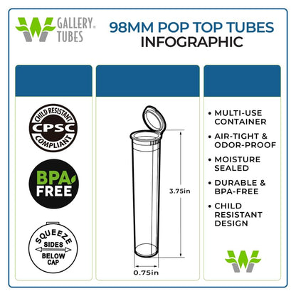 W Gallery 50 Clear 98mm Open Cap Pop Top Tubes, Airtight Pill Bottles