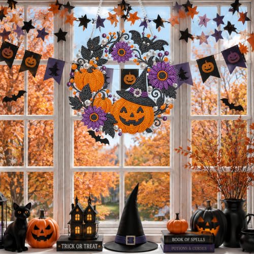 Eiflow Acrylic Halloween Pearl Diamond Art Hanging Kit for Adults Pumpkin Wreath DIY Pearl Diamonds Painting Door Hanger Board Kit, Special Crystal Diamond Art Painting Pendant Ornament - color: Pumpkin Wreath