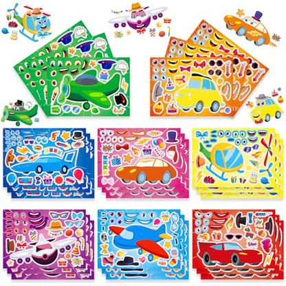 24 Sheets Race Car, Plane & Helicopter Stickers for Kids, Make Your Own Vehicle, Transportation Party Favors, Birthday Gifts, Classroom Rewards - color: Plane&cars