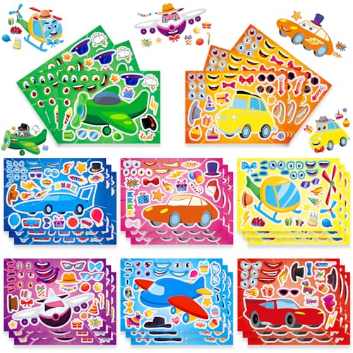 24 Sheets Race Car, Plane & Helicopter Stickers for Kids, Make Your Own Vehicle, Transportation Party Favors, Birthday Gifts, Classroom Rewards - color: Plane&cars
