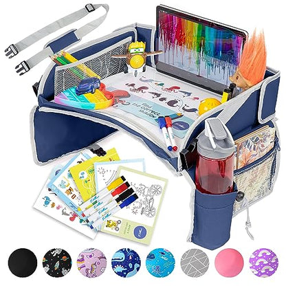 PILLANI Kids Travel Tray for Car - Toddler Travel Essential with iPad Holder & Dry Erase Board - Road Trip Essentials - Carseat Table - Toddler Lap Desk Organizer for Airplane - Kids Travel Essentials - color: Blue