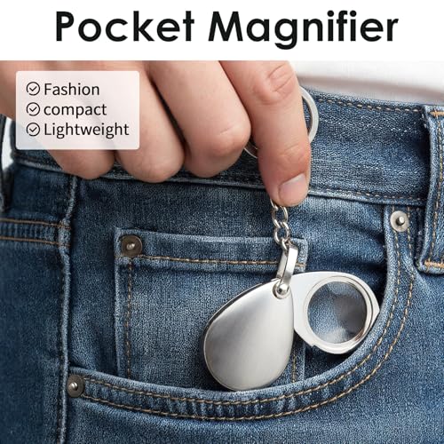 2 Pcs 10X Pocket Magnifying Glass Small Mini Folding Magnifying Glass with Keychain Rotating Folding Portable Magnifier for Reading Close Work Newspaper Book Magazine