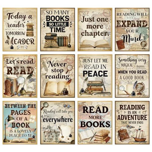 Aposwow Vintage Reading Posters for Classroom - 12 Pcs Reading Corner Decor for Classroom Library, Motivational Bulletin Board Sets for School Wall Office Supplies - color: Vintage Reading