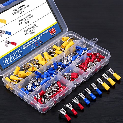 Glarks 140pcs 22-16/16-14/12-10 Gauge Semi-Insulated Piggy Back Spade Quick Splice Crimp Terminals Connectors Assortment Kit