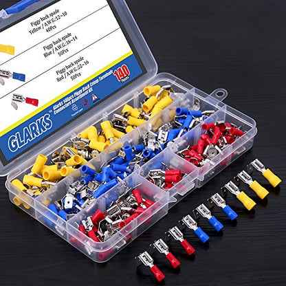 Glarks 140pcs 22-16/16-14/12-10 Gauge Semi-Insulated Piggy Back Spade Quick Splice Crimp Terminals Connectors Assortment Kit
