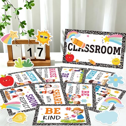 Classroom Rules Posters Back to School Bulletin Board Decor Composition Notebook Classroom Decoration Motivational Educational Good Habits Behavior Chart for Preschool kindergarten Elementary Students