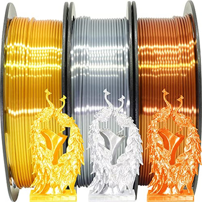 Shiny Silk Gold Silver Copper PLA Filament Bundle, 1.75mm 3D Printer Filament, Each Spool 0.5kg, 3 Spools Pack, with One 3D Printer Remove or Stick Tool MIKA3D - color: Gold+silver+copper
