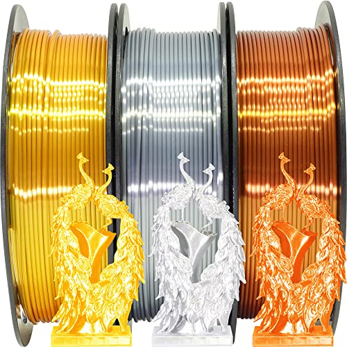 Shiny Silk Gold Silver Copper PLA Filament Bundle, 1.75mm 3D Printer Filament, Each Spool 0.5kg, 3 Spools Pack, with One 3D Printer Remove or Stick Tool MIKA3D - color: Gold+silver+copper