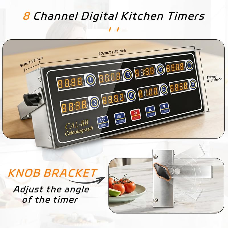 8-Channel Digital Kitchen Timer, Commercial Stainless Steel with Large LCD, Loud Alarm, 99H Memory, Waterproof Timer for Restaurant, Baking, Home