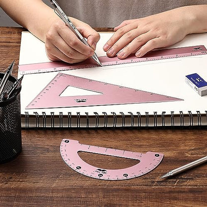 Mr. Pen- Metal Geometry Kit, 4 Pack, 45° & 30°/60° Set Squares - color: Light Pink