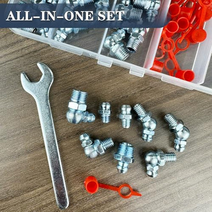 1/4"-28 SAE Grease Fittings - 82PCS Zerk Fittings Kit with Caps and Wrench Straight 45 90 Degree Angled Grease Nipples - size: 1/4"-28 SAE Assortment