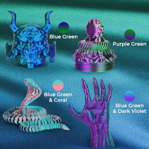AMOLEN Silk PLA 3D Printer Filament Bundle, Dual Color, PLA 1.75mm, 200gx4 - color: Dual Blue Green/Blue Green&coral/Blue Green&dark Violet/Purple Green