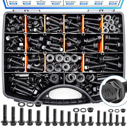 400Pcs Metric Flange Bolt Assortment, Nuts and Bolts Assortment Kit, 10.9 Grade M6x1.0, M8x1.25, M10x1.5 Metric Bolt, Black Hex Bolts and Nuts Washers Kit (12mm to 45mm) - color: Black - M6x1.0 M8x1.25 M10x1.5