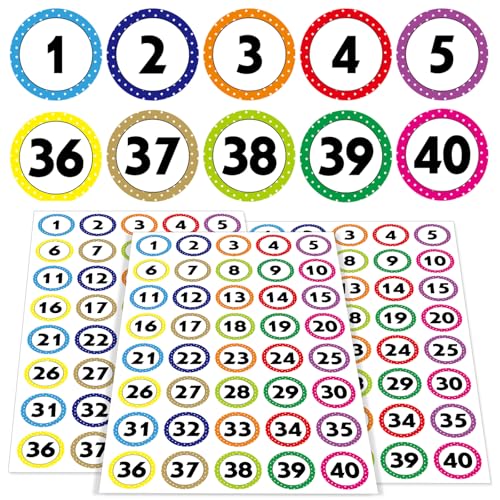 800 Number Stickers 1-40, 20 Sheets of Polka Dot Waterproof/Oil-Resistant/Tear-Resistant Removable Numbered Labels, Suitable for Storage Boxes, Cabinets, Bookshelves, Desks, Chairs, etc. (1 Inch)
