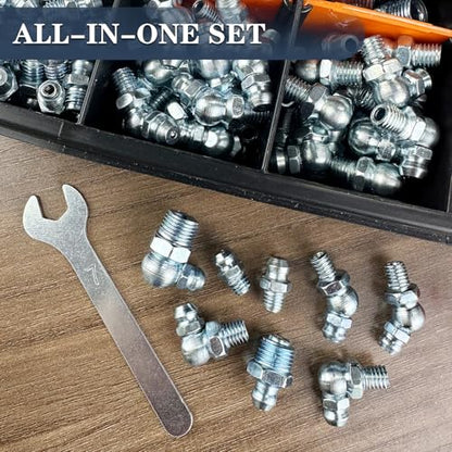 255PCS Grease Fittings Assortment, SAE & Metric 1/4" 1/8" M6 M8 M10 Straight 45 90 Degree Grease Gun Zerk Fittings Kit with Wrench Kit(7-11mm) - size: 255PCS SAE&Metric Assortment