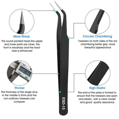 Precision Tweezers Set - 6PCS Anti Static Electronics Tweezers Soldering